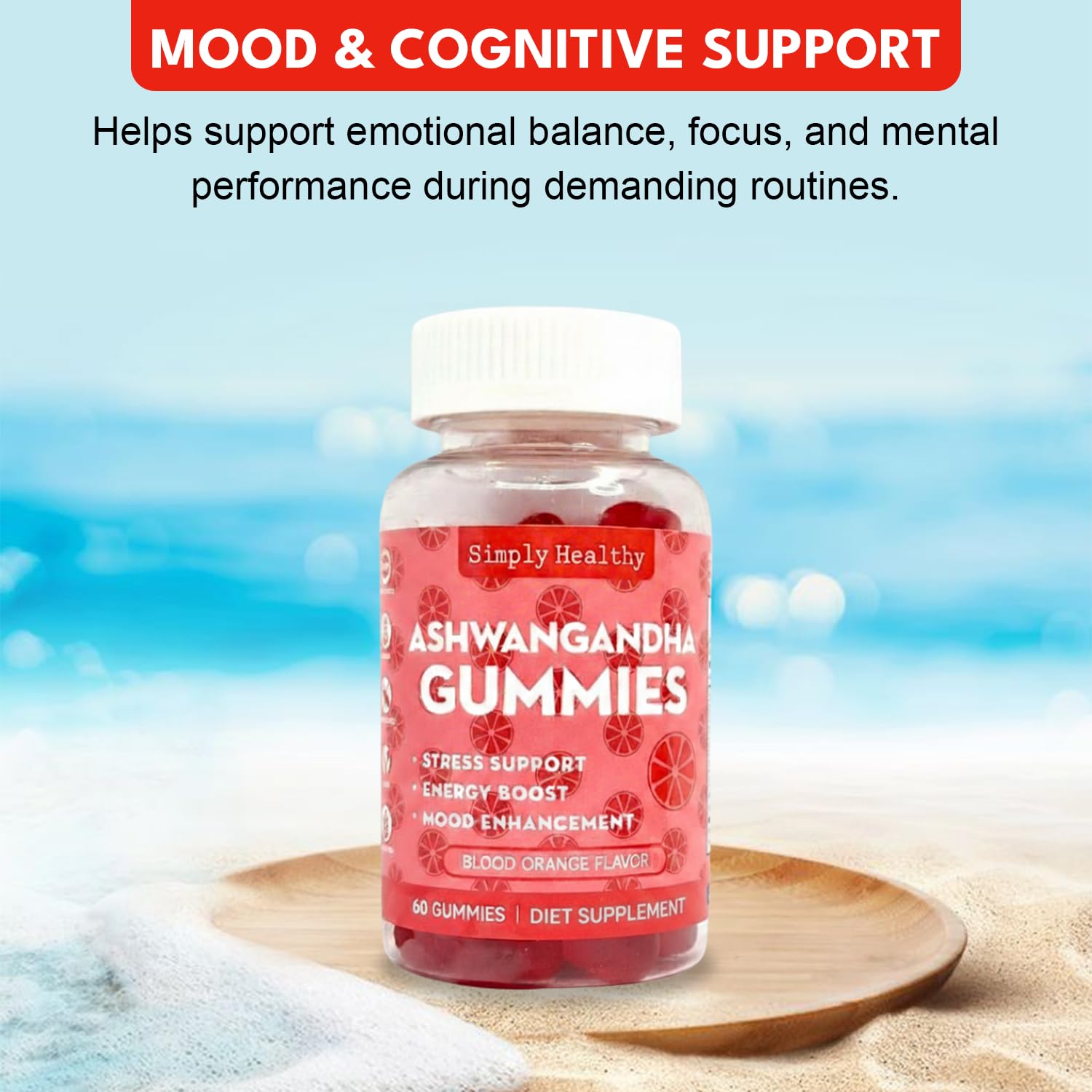 Simply Healthy Premium Ashwagandha Gummies, Stress Support with Blood Orange Flavor, Vegan, Easy to Chew, Daily Aid, Energy Booster, Mood Enhancer, for Both Men and Women, 60 Gummies - dailyvitalstore