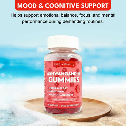 Simply Healthy Premium Ashwagandha Gummies, Stress Support with Blood Orange Flavor, Vegan, Easy to Chew, Daily Aid, Energy Booster, Mood Enhancer, for Both Men and Women, 60 Gummies - dailyvitalstore