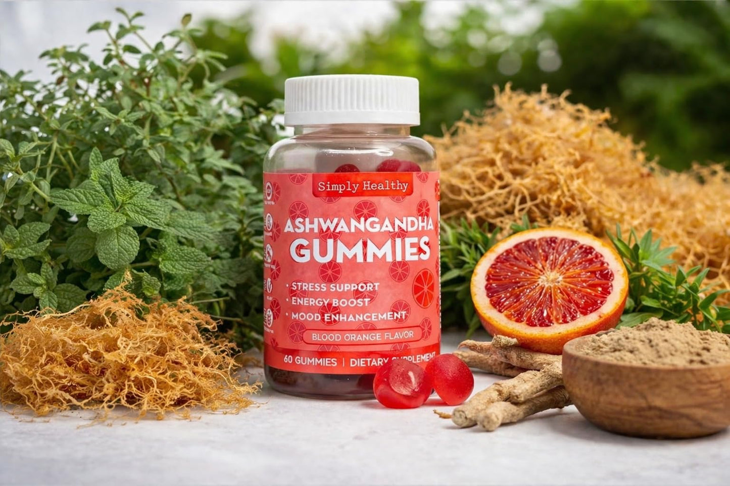 Simply Healthy Premium Ashwagandha Gummies, Stress Support with Blood Orange Flavor, Vegan, Easy to Chew, Daily Aid, Energy Booster, Mood Enhancer, for Both Men and Women, 60 Gummies - dailyvitalstore