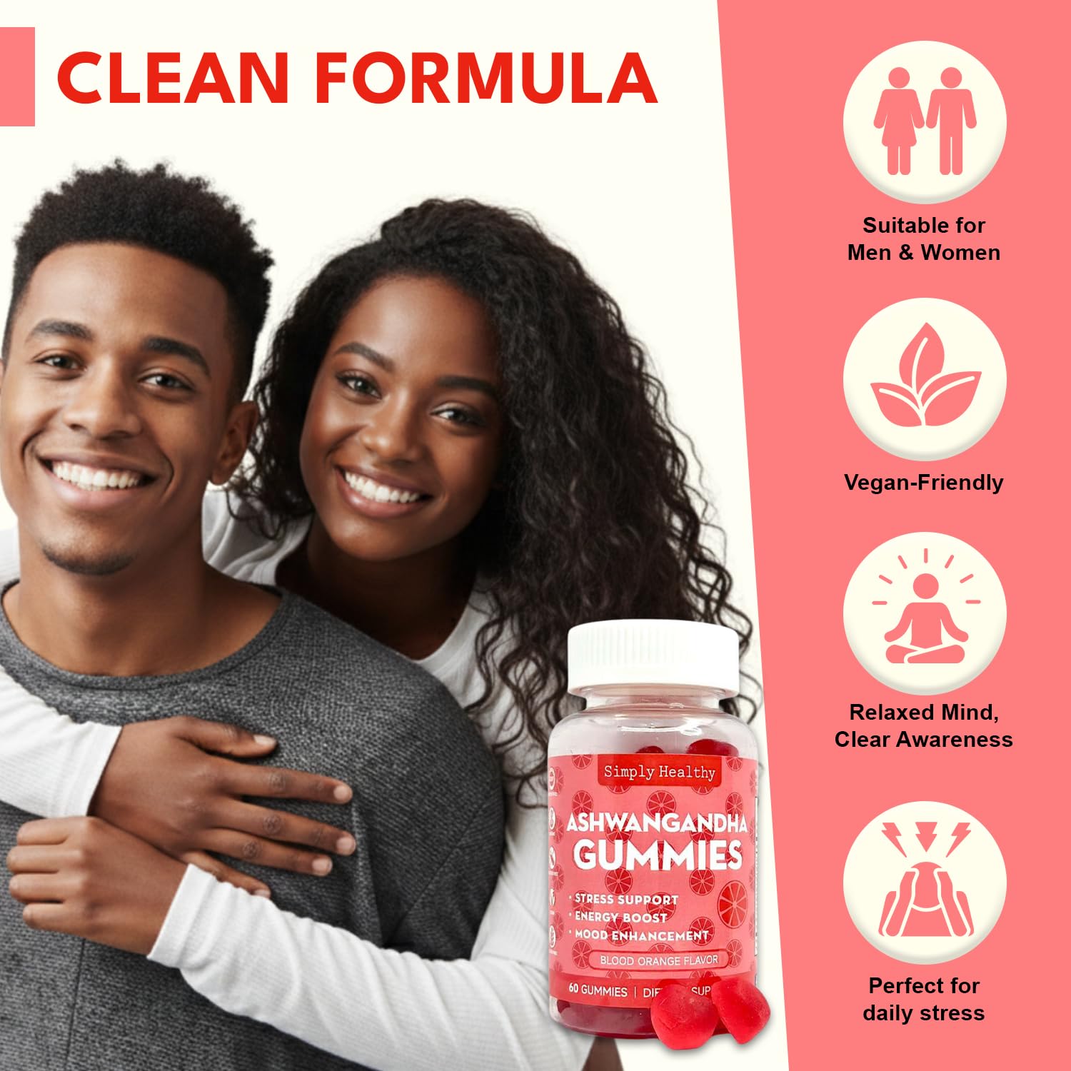 Simply Healthy Premium Ashwagandha Gummies, Stress Support with Blood Orange Flavor, Vegan, Easy to Chew, Daily Aid, Energy Booster, Mood Enhancer, for Both Men and Women, 60 Gummies - dailyvitalstore