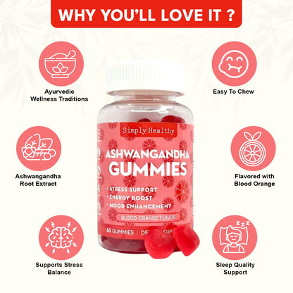 Simply Healthy Premium Ashwagandha Gummies, Stress Support with Blood Orange Flavor, Vegan, Easy to Chew, Daily Aid, Energy Booster, Mood Enhancer, for Both Men and Women, 60 Gummies - dailyvitalstore