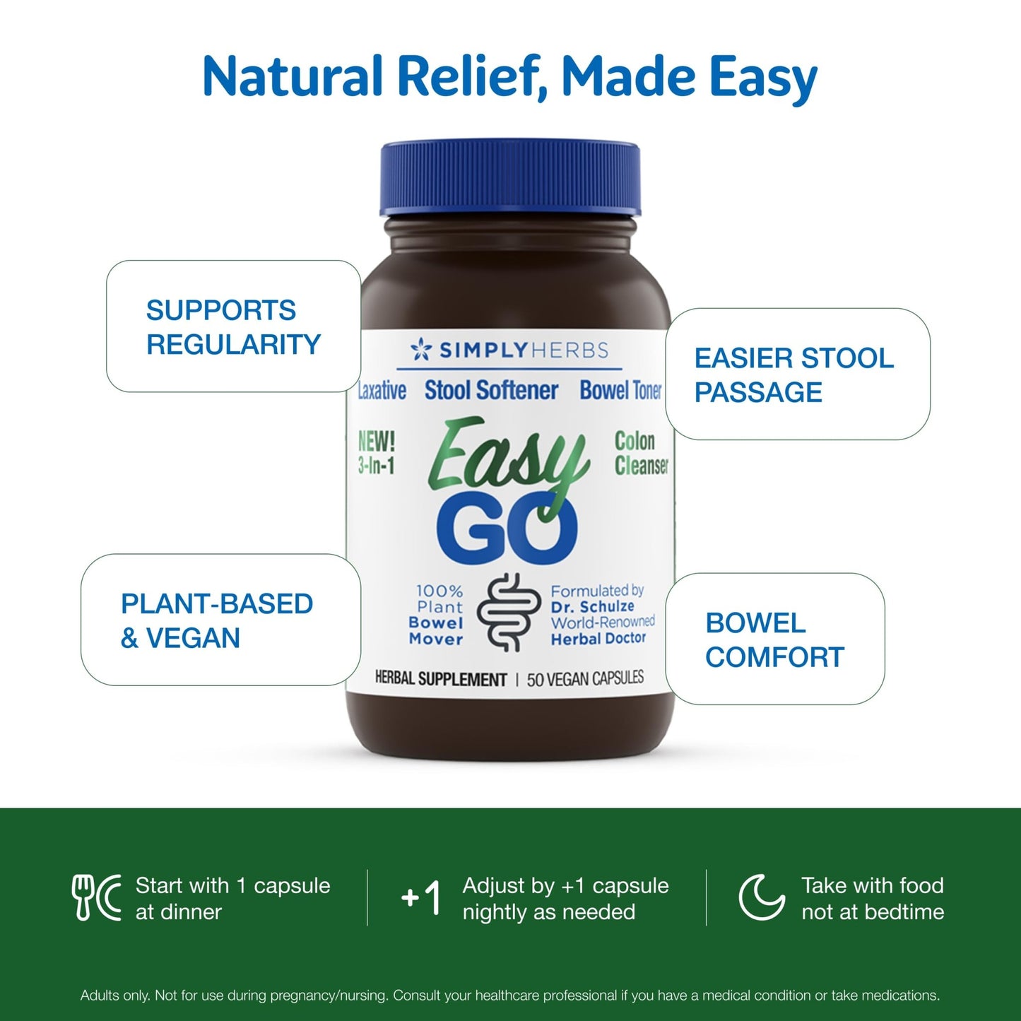 Simply Herbs Easy Go Bowel Mover - Adult Cleansing Supplement for Colon Health Support - Bowel Movement Aid - Stool Softener - Daily-Use Laxative - Plant-Based Ingredients - Vegan - 50 Count - dailyvitalstore