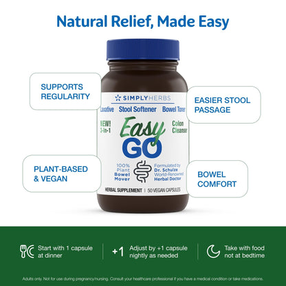 Simply Herbs Easy Go Bowel Mover - Adult Cleansing Supplement for Colon Health Support - Bowel Movement Aid - Stool Softener - Daily-Use Laxative - Plant-Based Ingredients - Vegan - 50 Count - dailyvitalstore