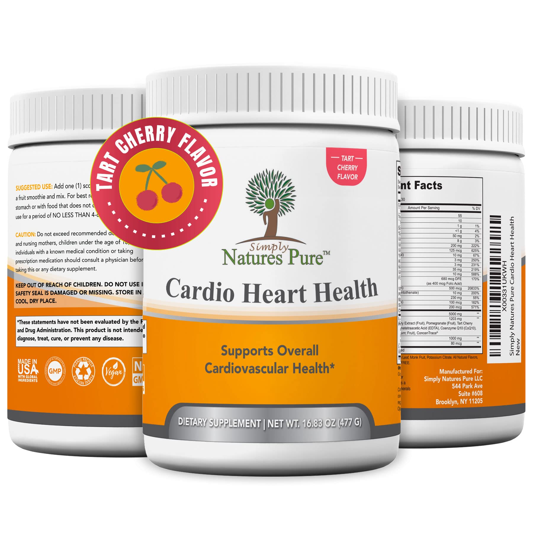 Simply Natures Pure - Cardio Heart Health Nitric Oxide Booster Support Supplement Powder with L-Arginine 5000 mg, L-Citrulline 1000 mg and Hawthorne Berry, 16.82 Ounces - Tart Cherry Flavor - dailyvitalstore