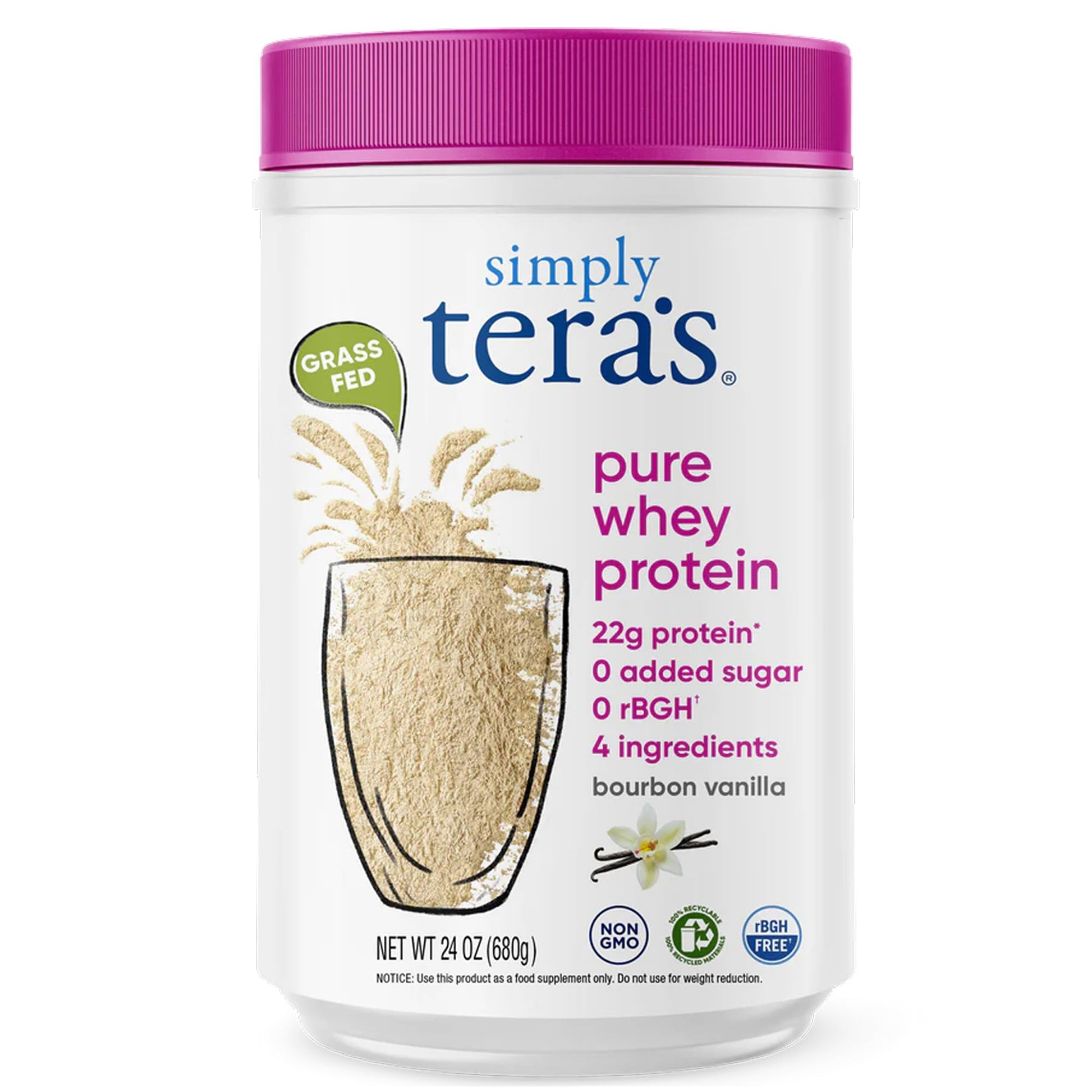 simply tera's Pure Whey Protein Powder - Grass Fed Vanilla Whey Protein Powder, Clean, Made Without Artificial Sweeteners, Non-GMO, Kosher, rBGH-Free, Soy-Free - 24 Oz - dailyvitalstore