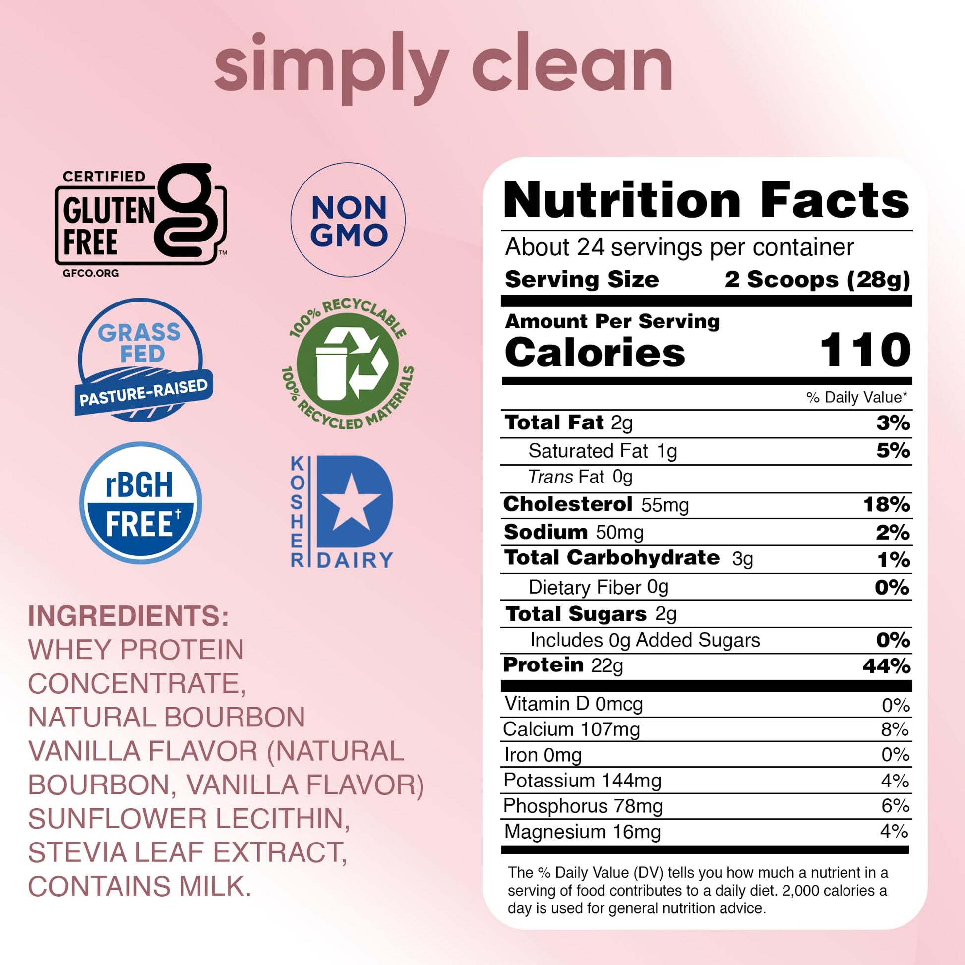 simply tera's Pure Whey Protein Powder - Grass Fed Vanilla Whey Protein Powder, Clean, Made Without Artificial Sweeteners, Non-GMO, Kosher, rBGH-Free, Soy-Free - 24 Oz - dailyvitalstore