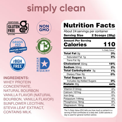 simply tera's Pure Whey Protein Powder - Grass Fed Vanilla Whey Protein Powder, Clean, Made Without Artificial Sweeteners, Non-GMO, Kosher, rBGH-Free, Soy-Free - 24 Oz - dailyvitalstore