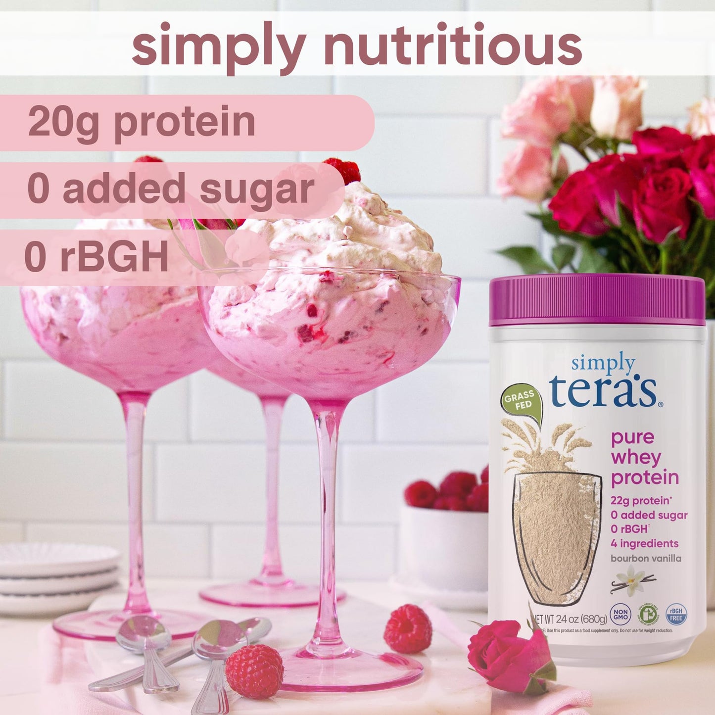 simply tera's Pure Whey Protein Powder - Grass Fed Vanilla Whey Protein Powder, Clean, Made Without Artificial Sweeteners, Non-GMO, Kosher, rBGH-Free, Soy-Free - 24 Oz - dailyvitalstore
