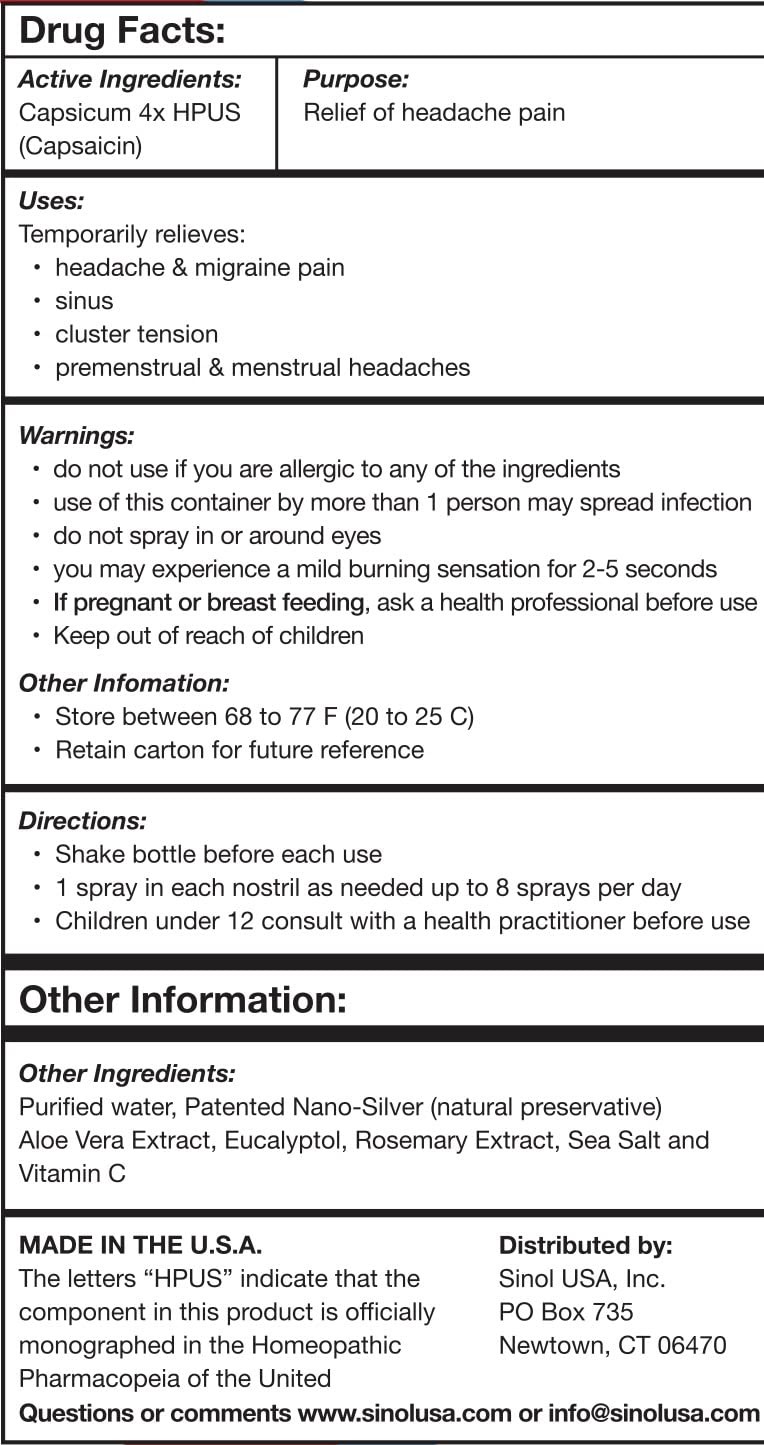 Sinol Headache Relief Spray, Over-The-Counter Medication Nose Spray for Migraine Cluster Tension, Sinus Relief & Nasal Decongestants, 15 ml - dailyvitalstore