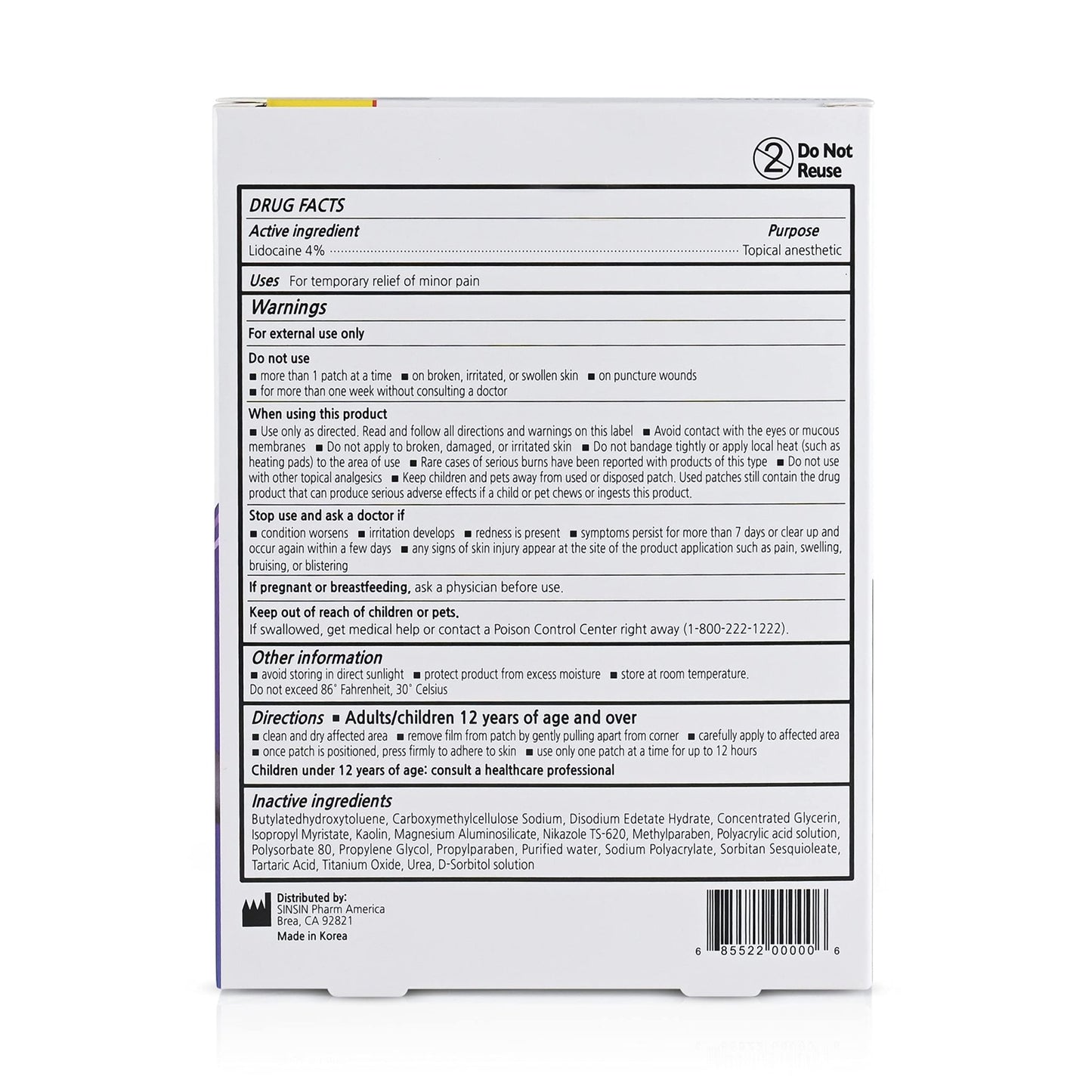 SINSINPAS Lidocaine 4% Pain Relieving Patch (1 Pack (5 Patches Total)) - dailyvitalstore