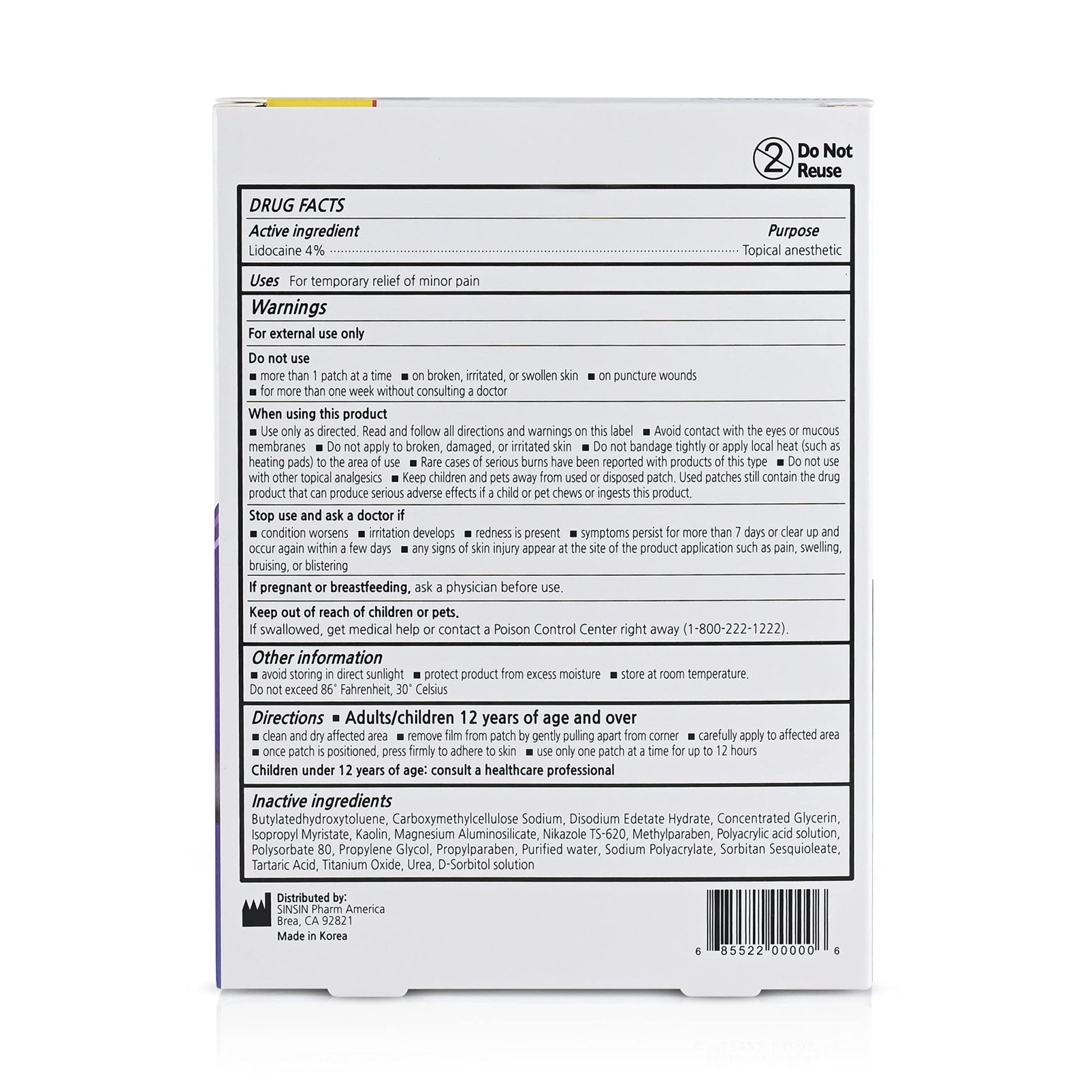 SINSINPAS Lidocaine 4% Pain Relieving Patch (1 Pack (5 Patches Total)) - dailyvitalstore