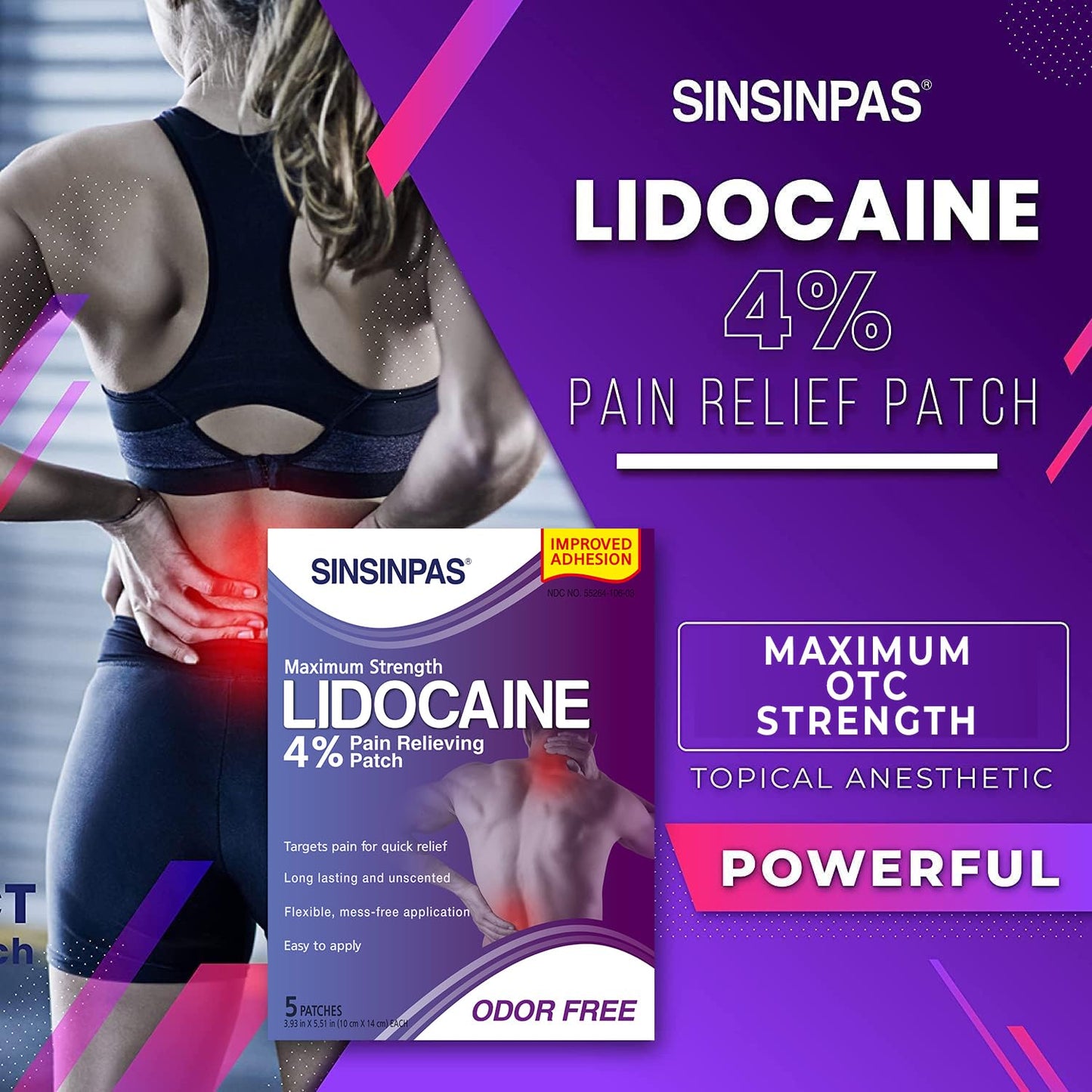 SINSINPAS Lidocaine 4% Pain Relieving Patch (1 Pack (5 Patches Total)) - dailyvitalstore