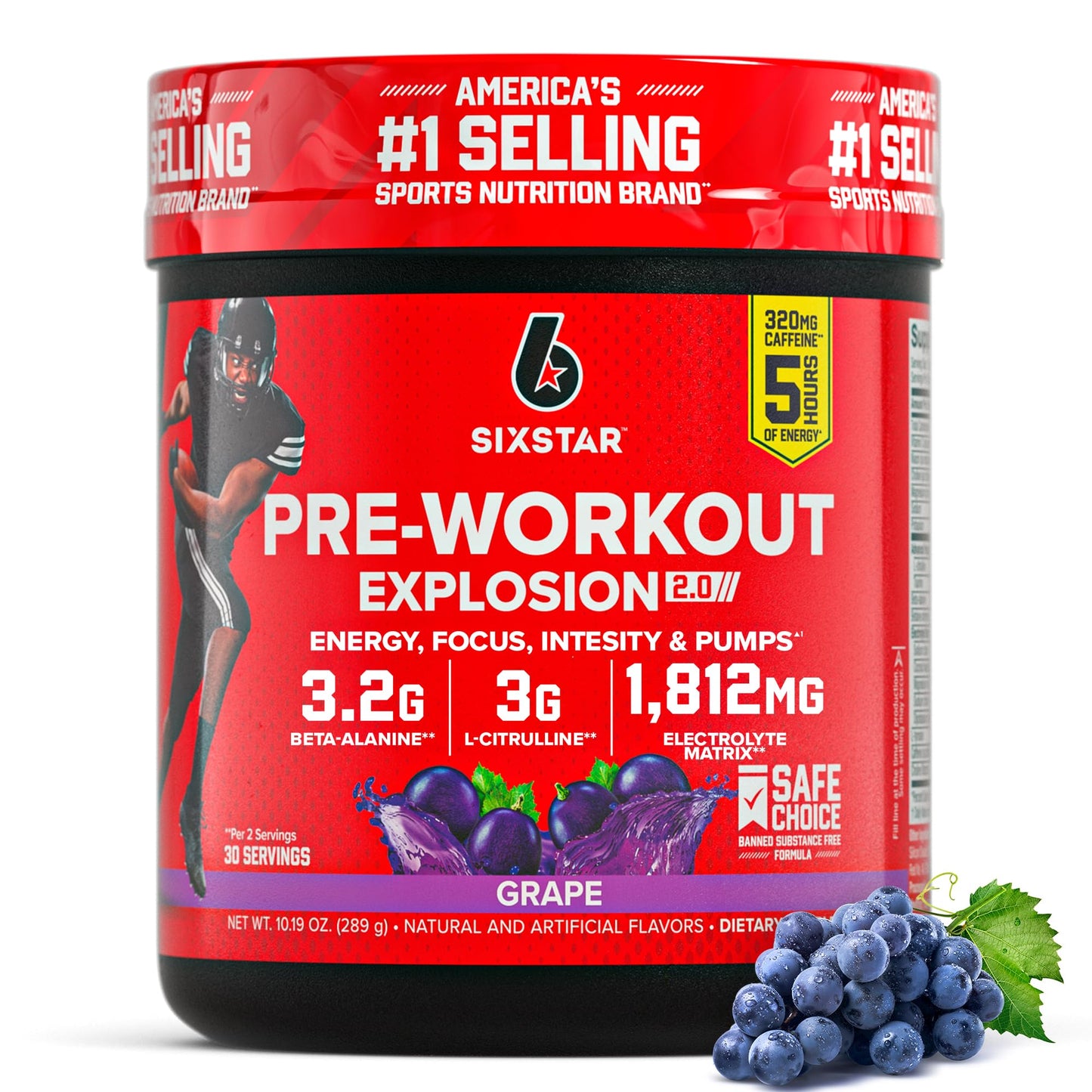 Six Star Pre-Workout Explosion, Grape (30 Servings) - Preworkout Energy Powder Supplement for Men & Women - Workout Drink Mix with L-Tyrosine & Beta Alanine - dailyvitalstore