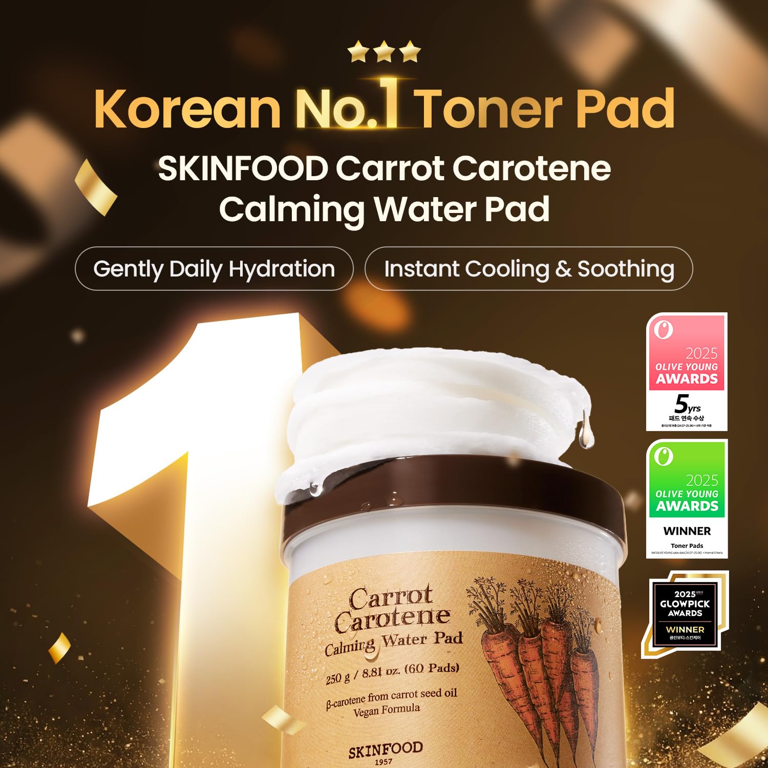 SKINFOOD Carrot Carotene Toner Pads, Hydrating & Soothing for Dry Skin, Instant Cooling, After Sun & Heat Care, Cotton Facial Toner Pads, Korean Skincare for Face (60 Counts) - dailyvitalstore