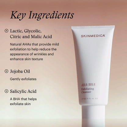 SkinMedica AHA/BHA Exfoliating Face Wash (NEW PACKAGING),Gentle Facial Exfoliating Scrub with Jojoba Oil for Smoother, Radiant Skin - Helps Improve the Appearance of Skin Tone & Texture (6 Fl Oz) - dailyvitalstore