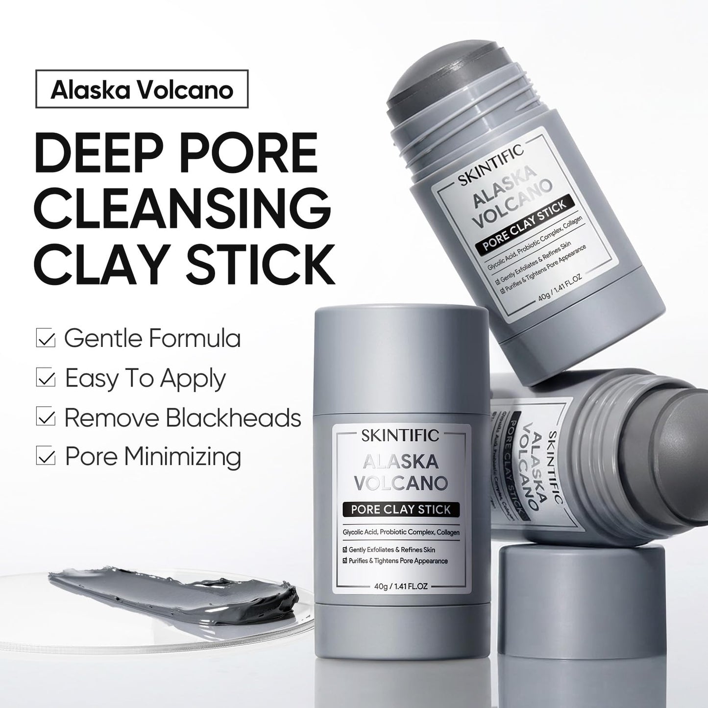 SKINTIFIC Deep Pore Cleansing Blackhead Remover Face Mask Stick, Mud Mask with Natural Alaska Volcano Clay, Gentle Exfoliating, Smoothing Skin - dailyvitalstore