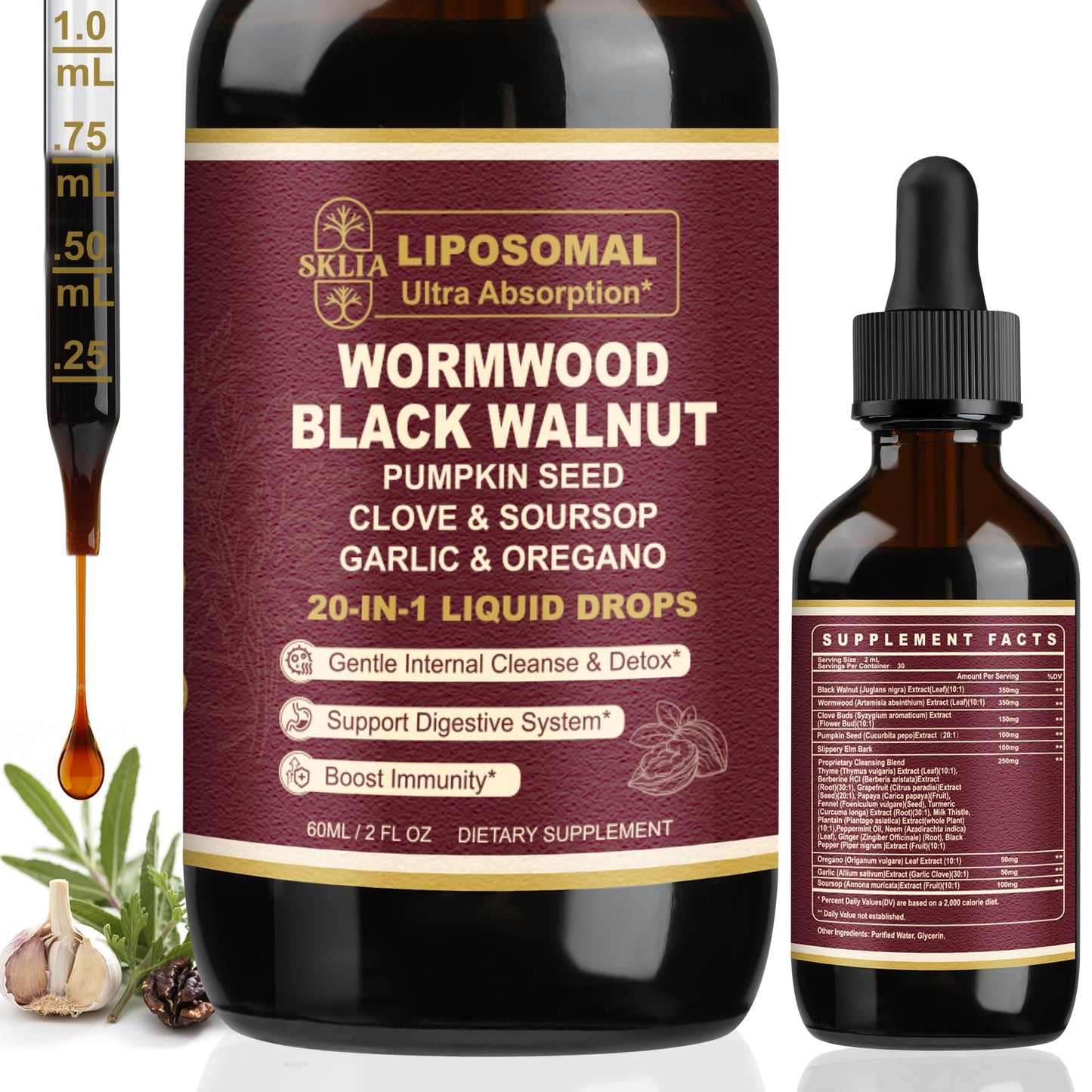 SKLIA 20-in-1 Liposomal Wormwood Black Walnut Cleanse for Humans Drops Liquid – Rapid Gut Cleanse & Digestive Support with Clove, Berberine, Garlic, Soursop - dailyvitalstore