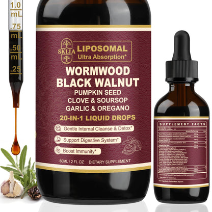 SKLIA 20-in-1 Liposomal Wormwood Black Walnut Cleanse for Humans Drops Liquid – Rapid Gut Cleanse & Digestive Support with Clove, Berberine, Garlic, Soursop - dailyvitalstore