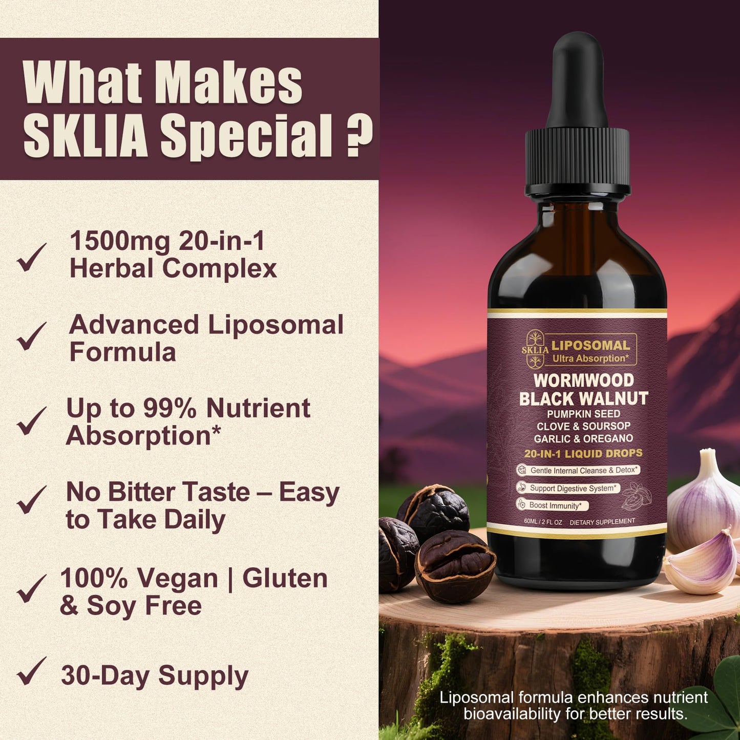 SKLIA 20-in-1 Liposomal Wormwood Black Walnut Cleanse for Humans Drops Liquid – Rapid Gut Cleanse & Digestive Support with Clove, Berberine, Garlic, Soursop - dailyvitalstore