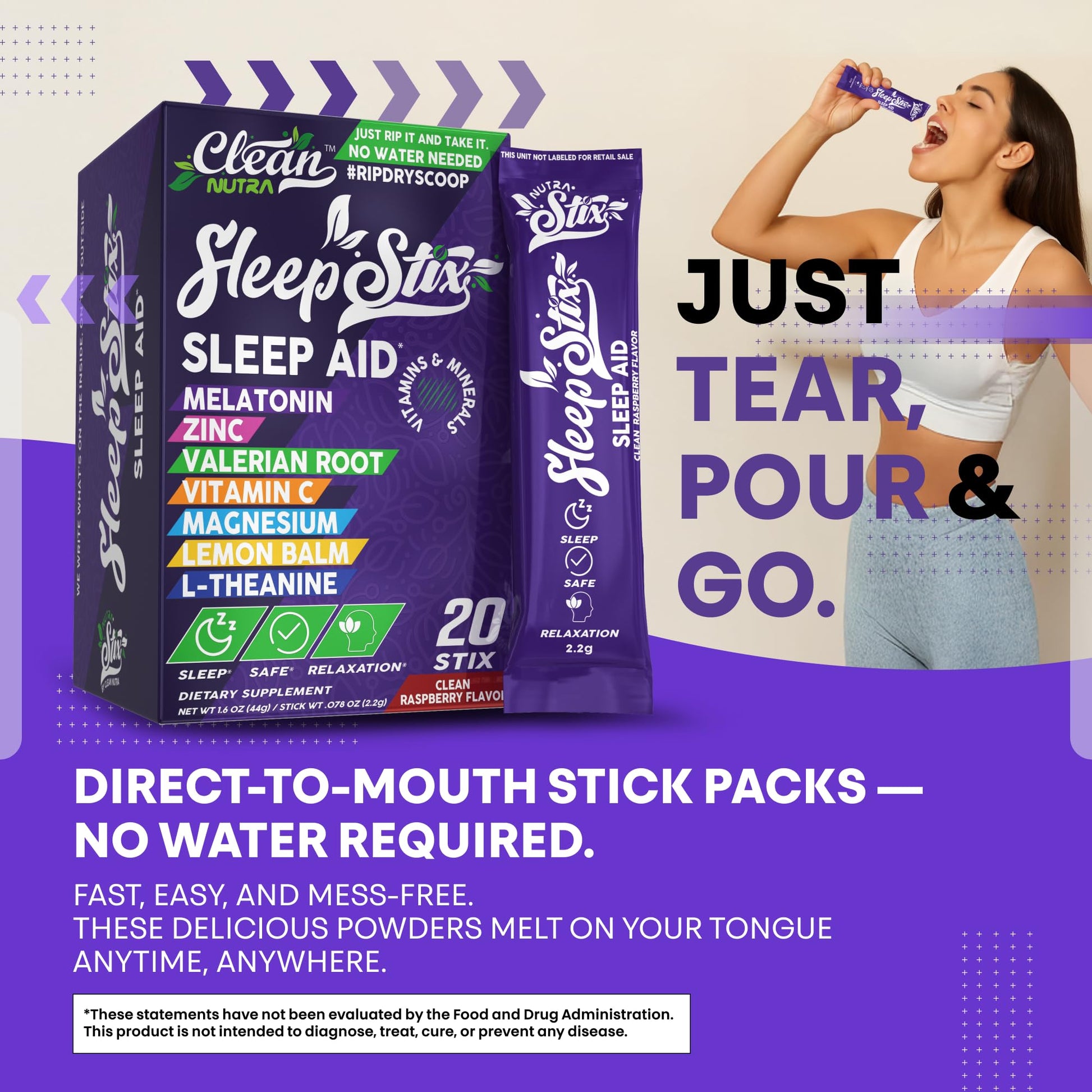 Sleep Aid Melatonin Powder Tryptophan Glycine Valerian Root Magnesium For Sleep Lemon Balm L Theanine Magnesium Glycinate Zinc Sleep Aid Myo Inositol GABACalm B6 5 HTP Stress Relief 20 Stix - dailyvitalstore