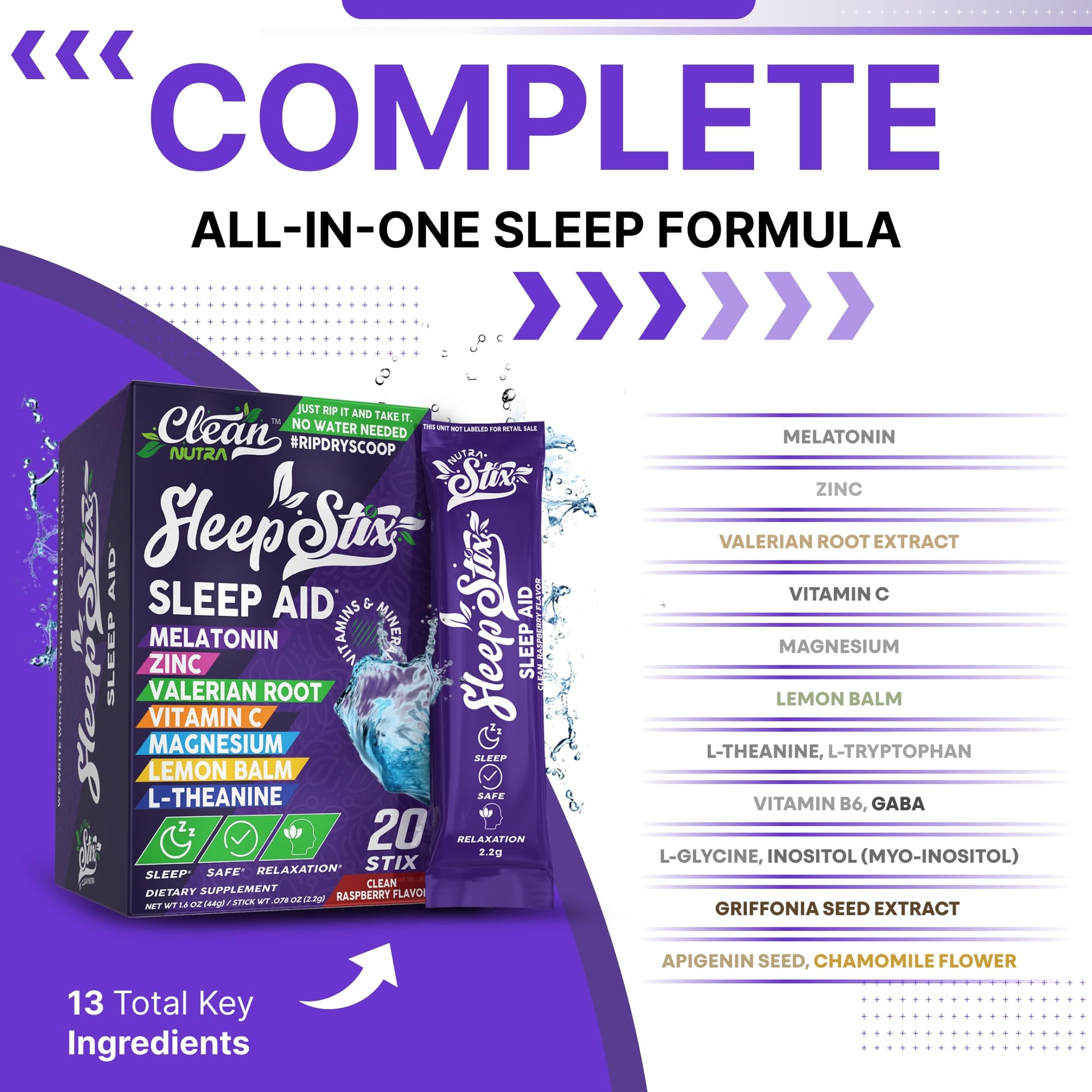 Sleep Aid Melatonin Powder Tryptophan Glycine Valerian Root Magnesium For Sleep Lemon Balm L Theanine Magnesium Glycinate Zinc Sleep Aid Myo Inositol GABACalm B6 5 HTP Stress Relief 20 Stix - dailyvitalstore
