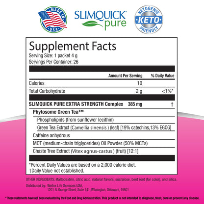 SlimQuick Pure 3X Extra Strength Drink Mix Packets, Metabolism & Weight Management for Women, Helps in Fat Breakdown, with Green Tea, Caffeine, Chaste Tree, - dailyvitalstore