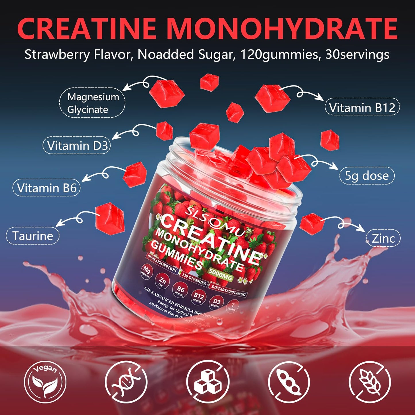 Slsomu Creatine Gummies for Women, 5000mg Pre-Workout Muscle Strength & Energy Support, 0 Sugar Creatine Gummy with L-Taurine, Zinc - dailyvitalstore