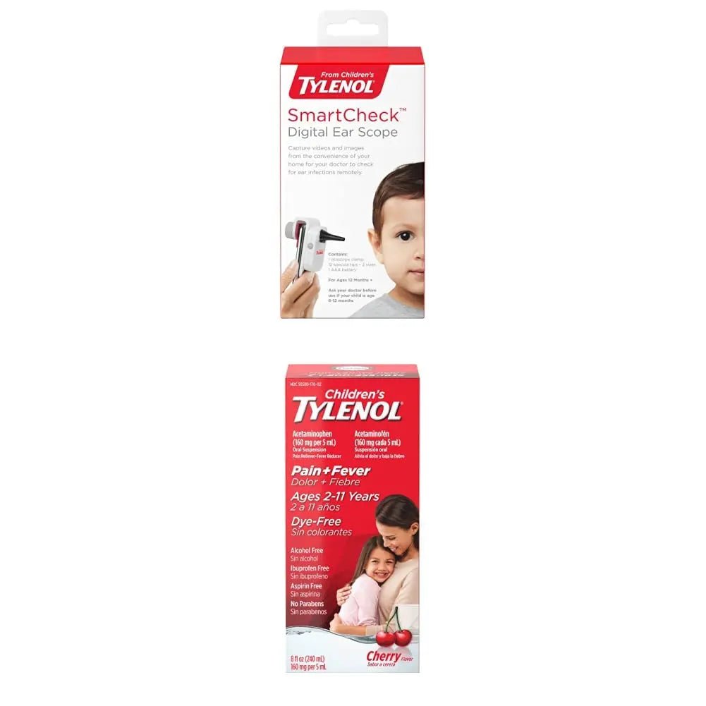 SmartCheck Digital Ear Scope from Children's Tylenol, Otoscope with Light, 1 Otoscope Clamp, 12 Specula Tips + Children's Tylenol Pain + Fever Medicine with Acetaminophen, 8 fl. oz - dailyvitalstore