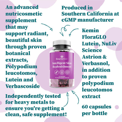 Smarter Skin, Nourishing Skin Health Within, Triple Combination of Polypodium Leucotomos Extract, FloraGLO, Verbasnol, 60 Vegan Capsules - dailyvitalstore