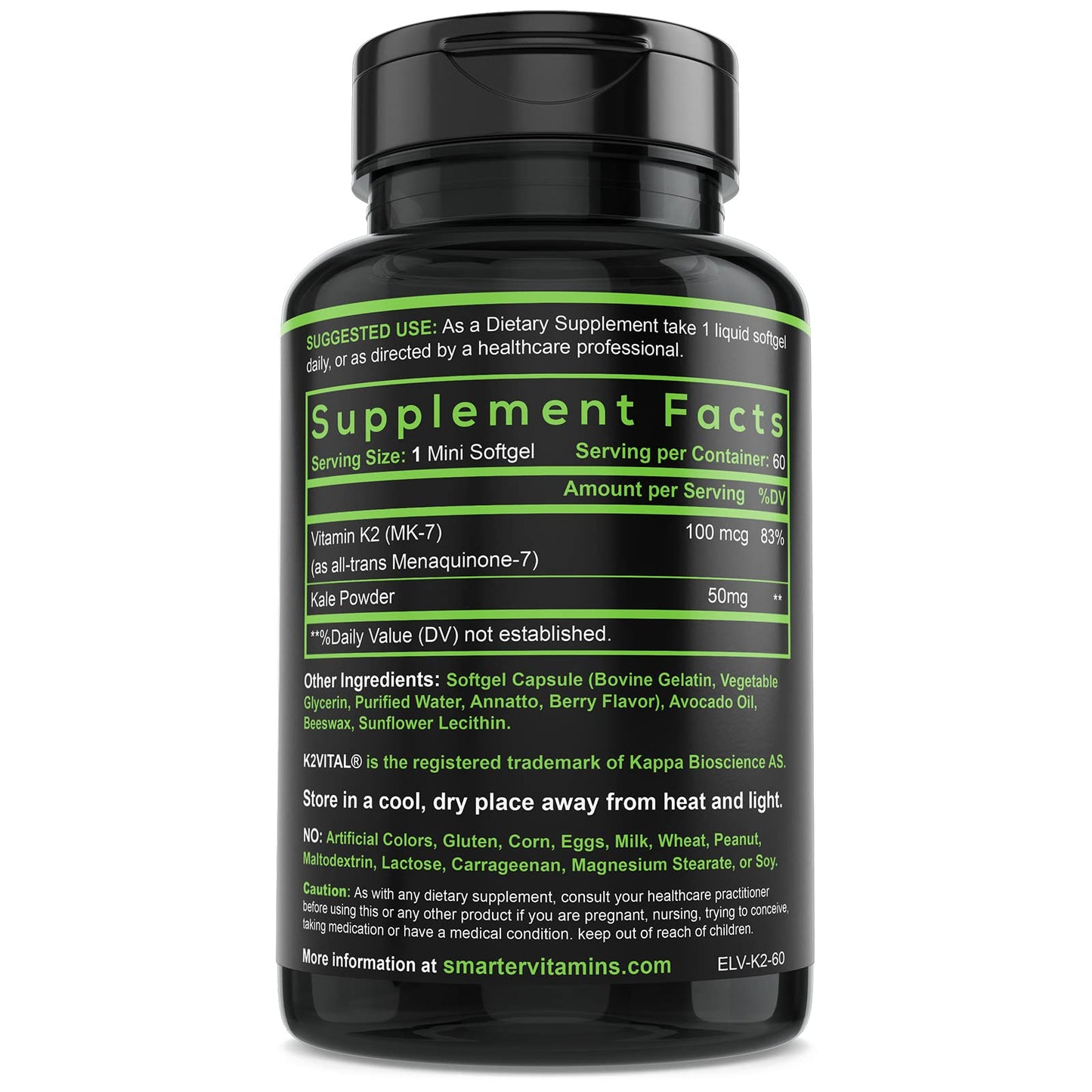 Smarter Vitamin K2 MK7 100mcg, Made with K2VITAL and Kale, 60 Liquid Softgels - dailyvitalstore
