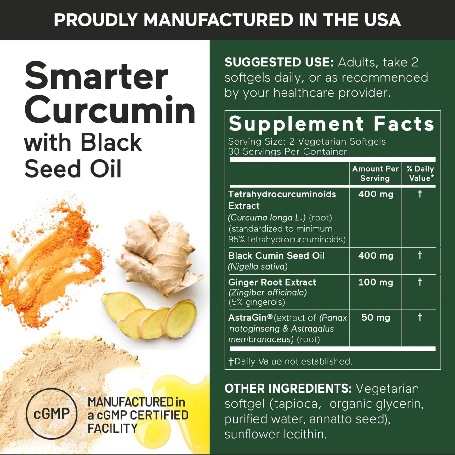 SMARTERNUTRITION Curcumin Softgels - Vegan High Absorption 400 mg Turmeric Supplement + Black Seed Oil & Ginger - 95% Tetrahydrocurcuminoids Non-GMO, USA Manufactured - 60 Ct[30 Servings] - dailyvitalstore