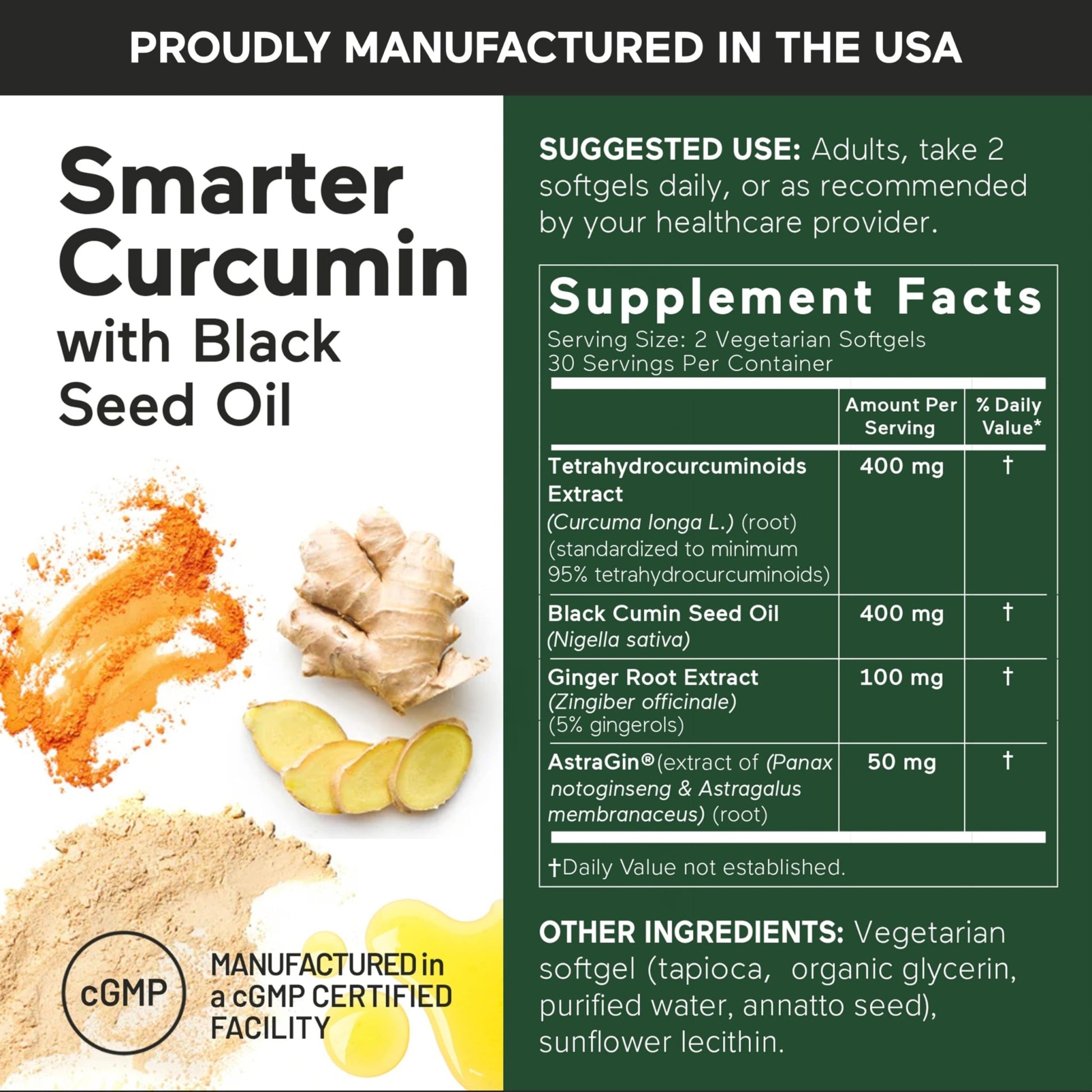 SMARTERNUTRITION Curcumin Softgels - Vegan High Absorption 400 mg Turmeric Supplement + Black Seed Oil & Ginger - 95% Tetrahydrocurcuminoids Non-GMO, USA Manufactured - 60 Ct[30 Servings] - dailyvitalstore