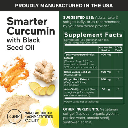 SMARTERNUTRITION Curcumin Softgels - Vegan High Absorption 400 mg Turmeric Supplement + Black Seed Oil & Ginger - 95% Tetrahydrocurcuminoids Non-GMO, USA Manufactured - 60 Ct[30 Servings] - dailyvitalstore