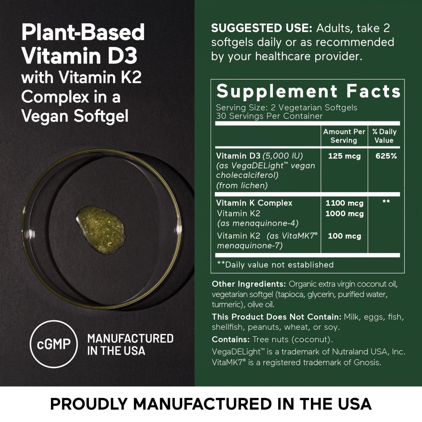 SMARTERNUTRITION Vegan Vitamin D3 5000 IU + Natural Vitamin K2 1100 mcg in Organic Coconut & Olive Oil - D3 K2 Supplement for Immune & Bone Support - 60 Softgels[30 Day Supply] - dailyvitalstore