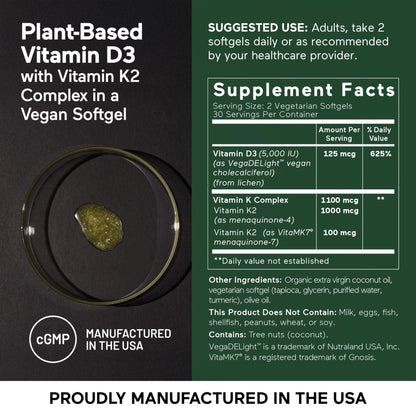 SMARTERNUTRITION Vegan Vitamin D3 5000 IU + Natural Vitamin K2 1100 mcg in Organic Coconut & Olive Oil - D3 K2 Supplement for Immune & Bone Support - 60 Softgels[30 Day Supply] - dailyvitalstore