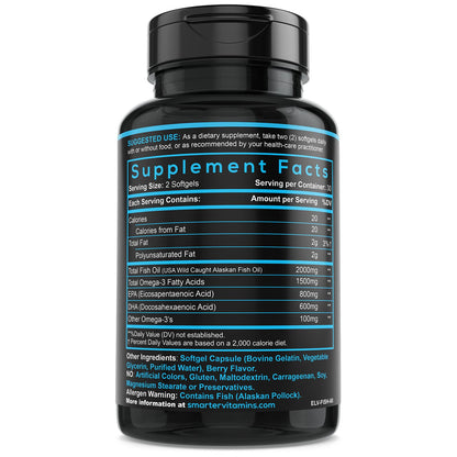 SmarterVitamins Omega 3 Fish Oil, Strawberry Flavor, Burpless, Tasteless, 2000mg, DHA EPA Triple Strength, Made with AlaskOmega® - dailyvitalstore