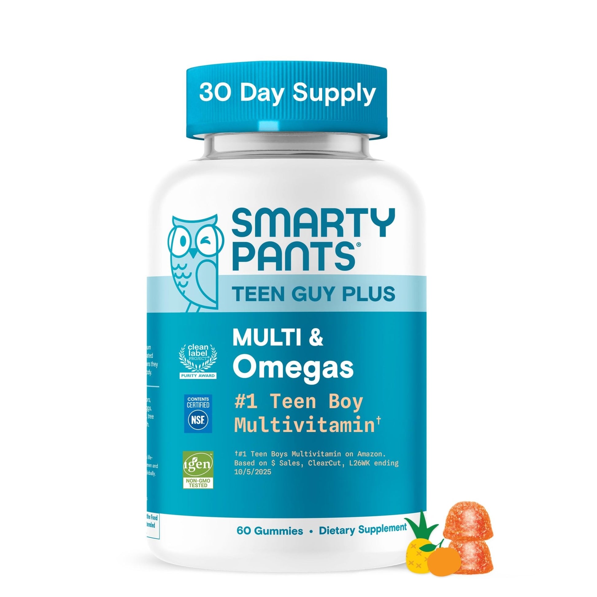 SmartyPants Teen Guy Multivitamin Gummies, Omega 3 (DHA/EPA), Vitamin D3, C, Vitamin B12, B6, A, K & Zinc, Folate, Gluten Free, Fruit Flavor, 60 Count (30 Day Supply) - dailyvitalstore