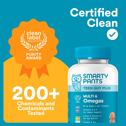 SmartyPants Teen Guy Multivitamin Gummies, Omega 3 (DHA/EPA), Vitamin D3, C, Vitamin B12, B6, A, K & Zinc, Folate, Gluten Free, Fruit Flavor, 60 Count (30 Day Supply) - dailyvitalstore