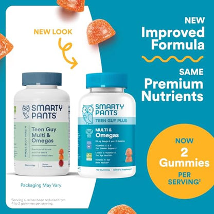 SmartyPants Teen Guy Multivitamin Gummies, Omega 3 (DHA/EPA), Vitamin D3, C, Vitamin B12, B6, A, K & Zinc, Folate, Gluten Free, Fruit Flavor, 60 Count (30 Day Supply) - dailyvitalstore