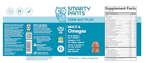 SmartyPants Teen Guy Multivitamin Gummies, Omega 3 (DHA/EPA), Vitamin D3, C, Vitamin B12, B6, A, K & Zinc, Folate, Gluten Free, Fruit Flavor, 60 Count (30 Day Supply) - dailyvitalstore