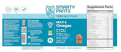 SmartyPants Teen Guy Multivitamin Gummies, Omega 3 (DHA/EPA), Vitamin D3, C, Vitamin B12, B6, A, K & Zinc, Folate, Gluten Free, Fruit Flavor, 60 Count (30 Day Supply) - dailyvitalstore