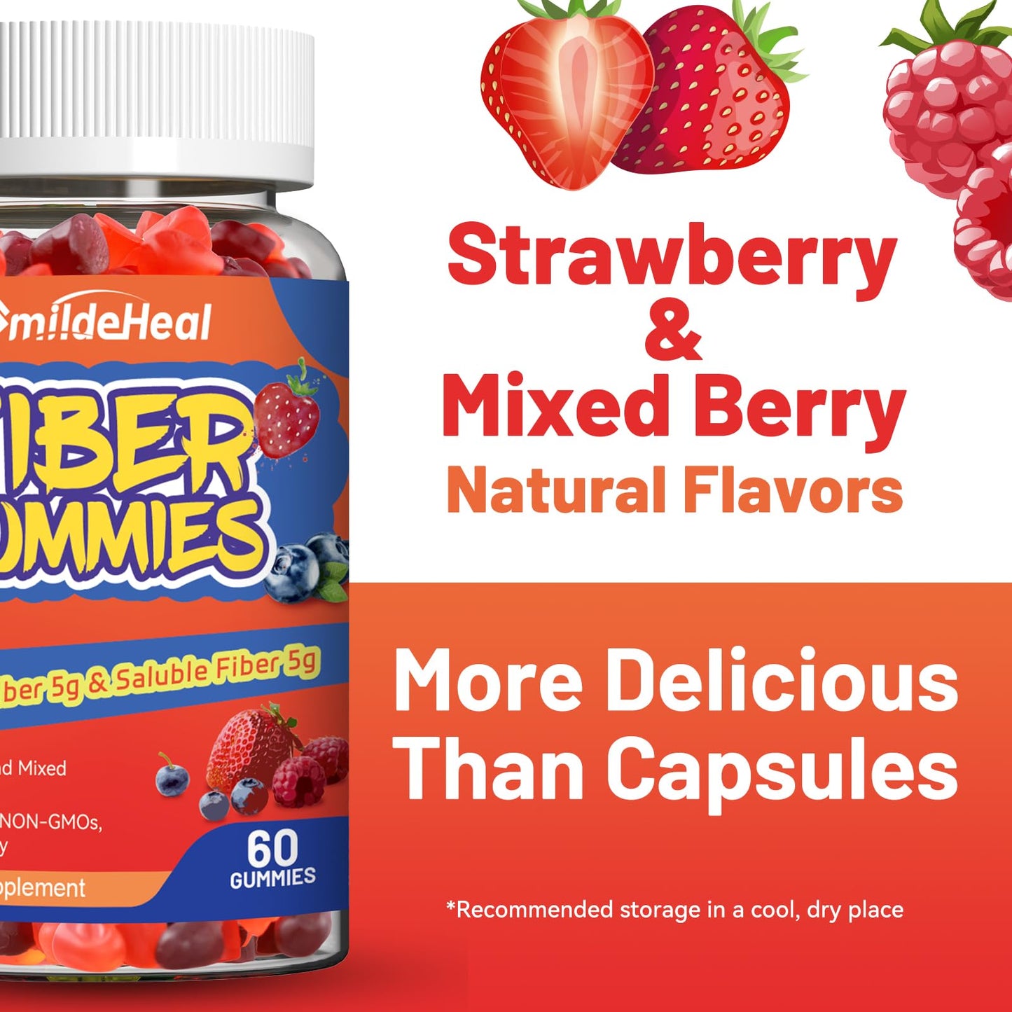 SmildeHeal Fiber Gummies, Dietary Fiber, for Women and Men, Gut Health Support, Non-GMOs, Non-Gluten, Vegan, Mixed Berry - dailyvitalstore