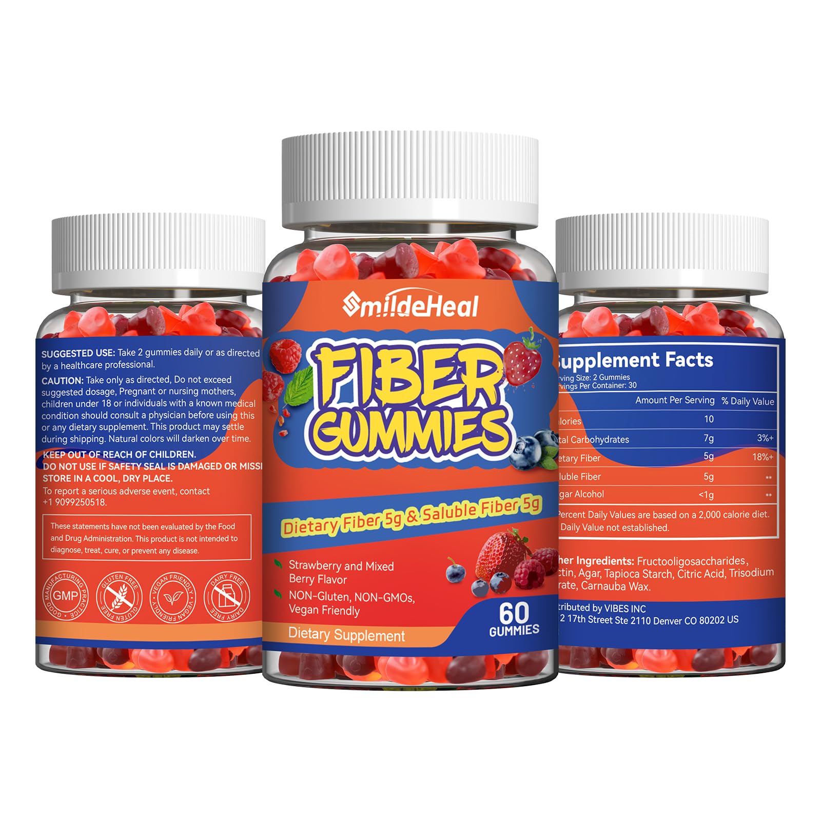 SmildeHeal Fiber Gummies, Dietary Fiber, for Women and Men, Gut Health Support, Non-GMOs, Non-Gluten, Vegan, Mixed Berry - dailyvitalstore