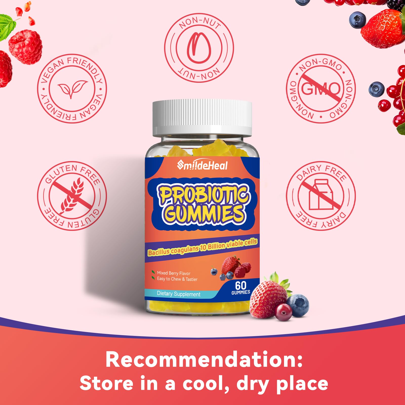 SmildeHeal Probiotic Gummies for Digestive Health - 10 Billion CFU Bacillus Coagulans - Vegan & Non-GMO - Immune & Digestive Support for Men & Women - dailyvitalstore