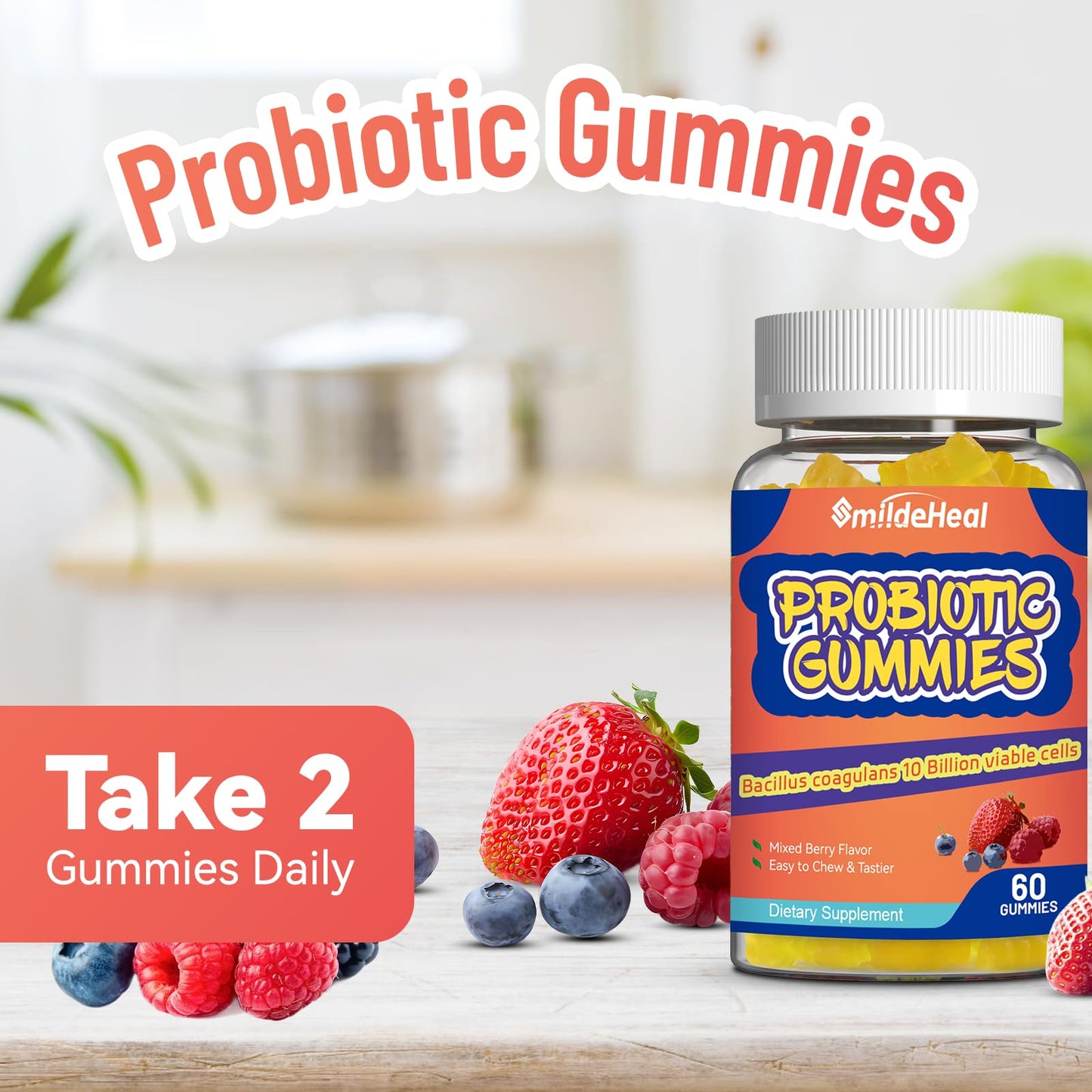 SmildeHeal Probiotic Gummies for Digestive Health - 10 Billion CFU Bacillus Coagulans - Vegan & Non-GMO - Immune & Digestive Support for Men & Women - dailyvitalstore