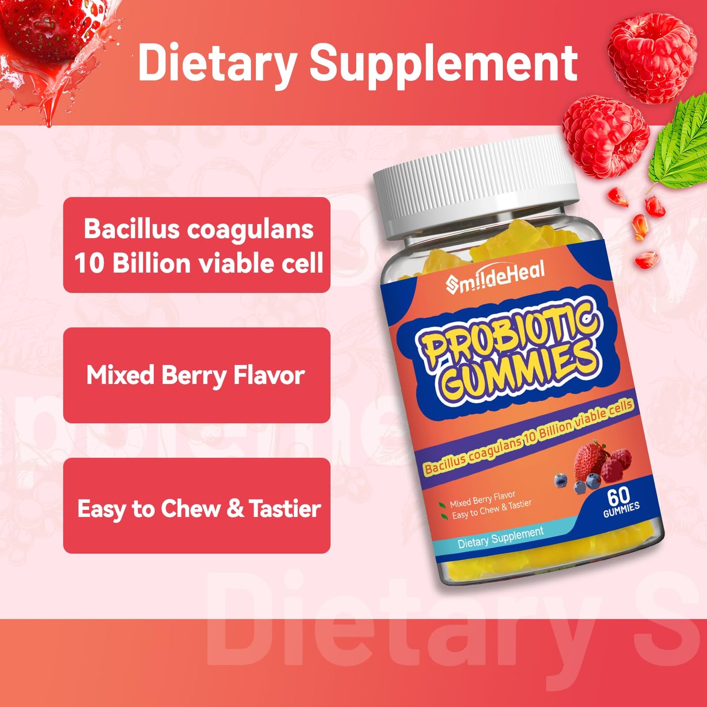 SmildeHeal Probiotic Gummies for Digestive Health - 10 Billion CFU Bacillus Coagulans - Vegan & Non-GMO - Immune & Digestive Support for Men & Women - dailyvitalstore