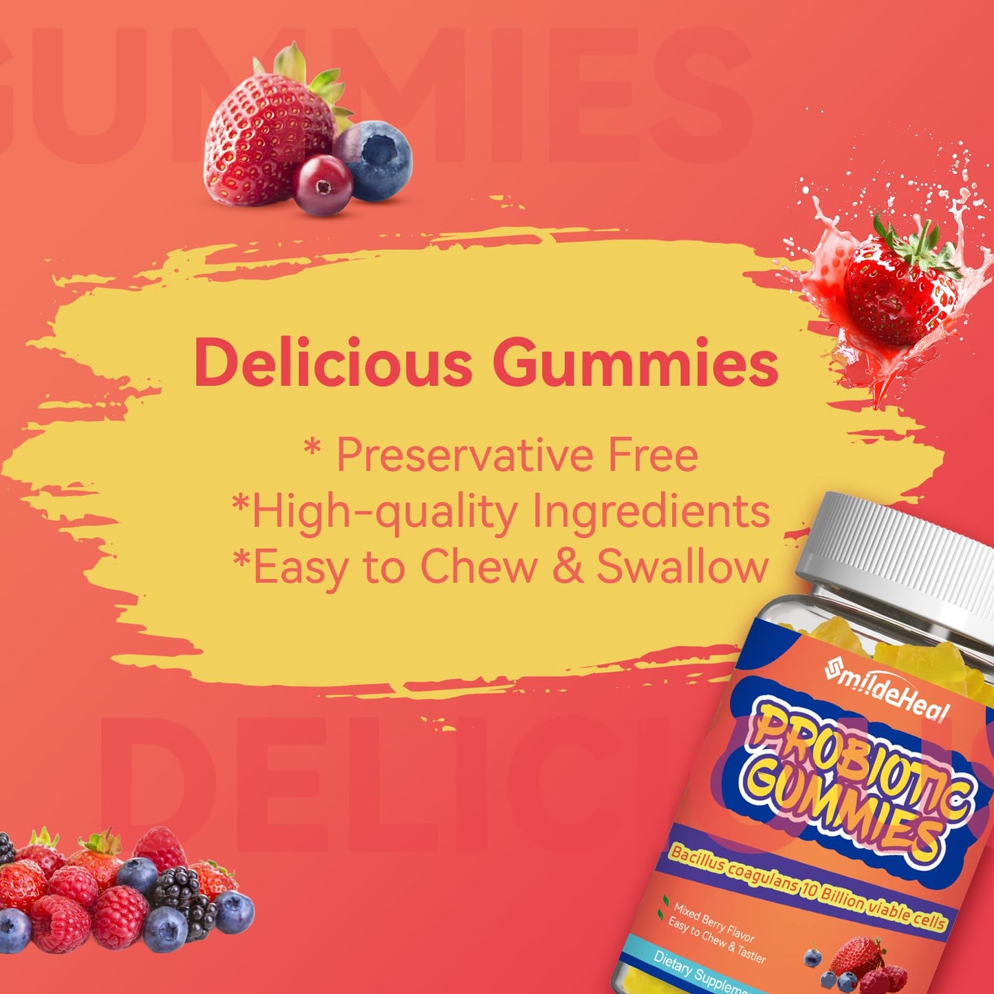 SmildeHeal Probiotic Gummies for Digestive Health - 10 Billion CFU Bacillus Coagulans - Vegan & Non-GMO - Immune & Digestive Support for Men & Women - dailyvitalstore