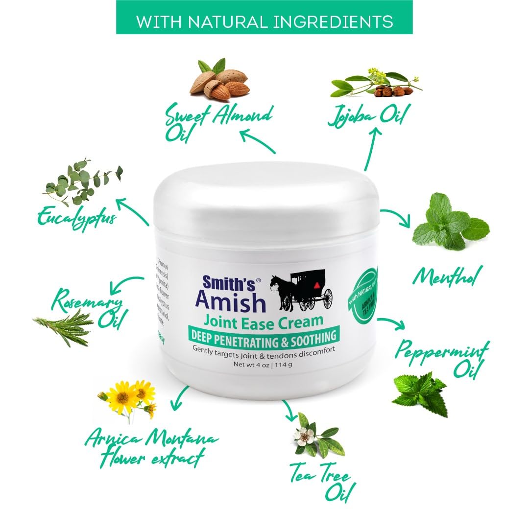 Smith’s Amish Joint Ease Cream 4 oz jar. Soothing and Cooling, with Botanicals of Arnica, Peppermint, Tea Tree, Rosemary and Eucalyptus - dailyvitalstore