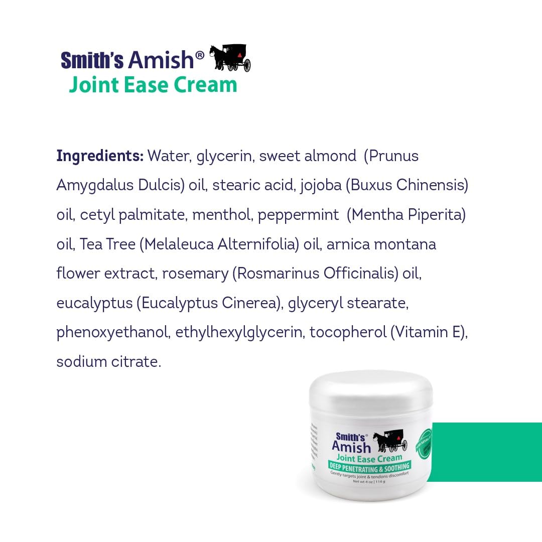 Smith’s Amish Joint Ease Cream 4 oz jar. Soothing and Cooling, with Botanicals of Arnica, Peppermint, Tea Tree, Rosemary and Eucalyptus - dailyvitalstore