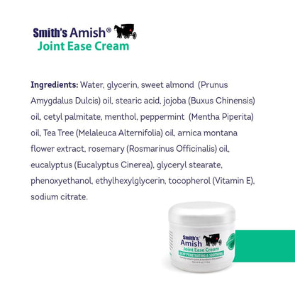 Smith’s Amish Joint Ease Cream 4 oz jar. Soothing and Cooling, with Botanicals of Arnica, Peppermint, Tea Tree, Rosemary and Eucalyptus - dailyvitalstore